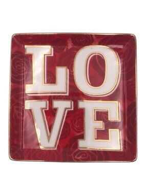 Vintage "LOVE" Jewelry Trinket Tray Red Rose Pattern Gold Trim 5" x 5" x 1/2"